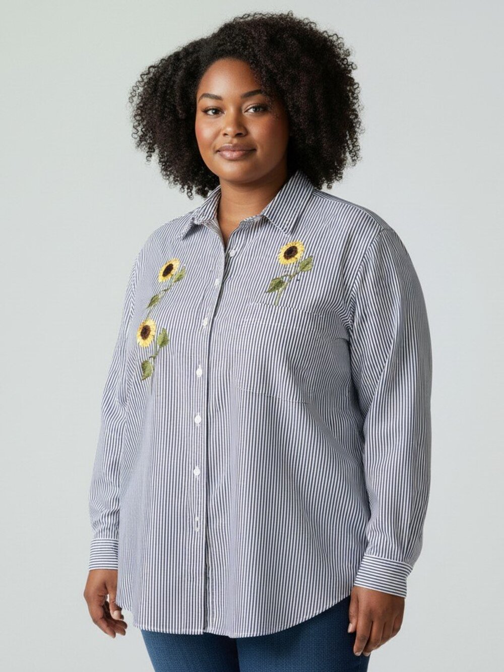 VTG Las Olas Womens XL White Black Striped Sunflower Appliques Button Shirt Top